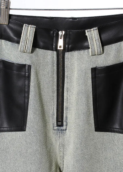 Pockets Faux Leather Patchwork Denim Wide Leg Pants Fall