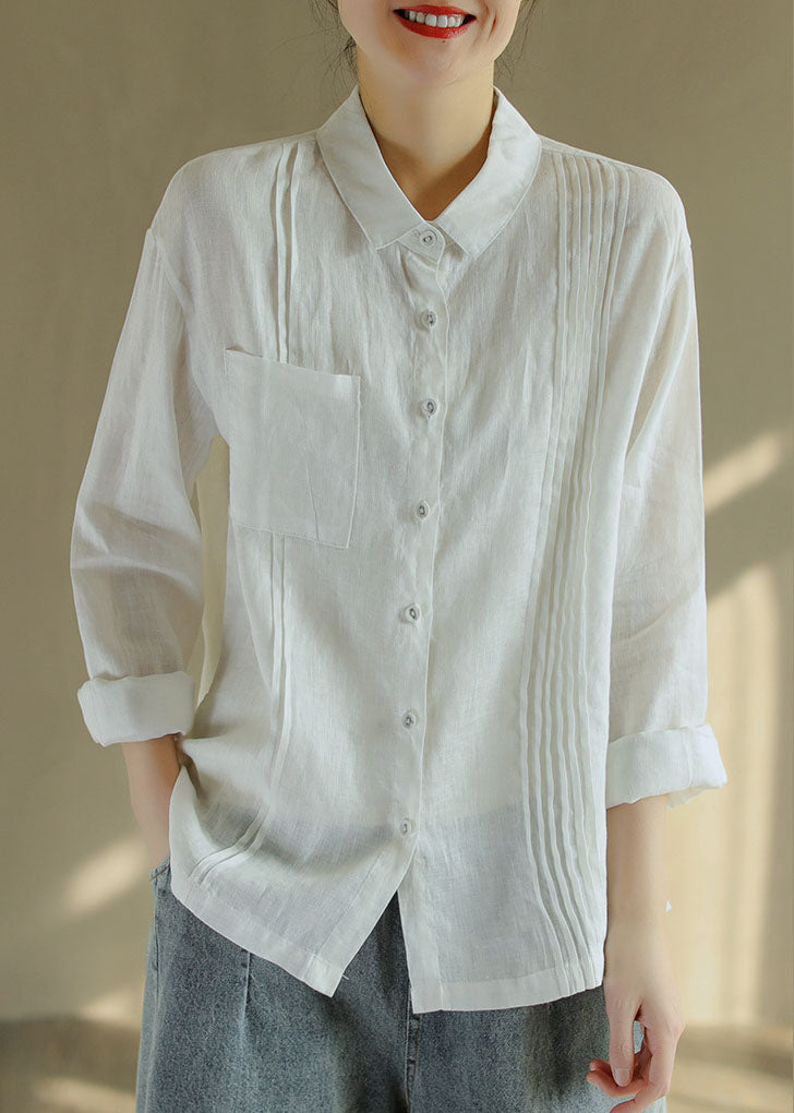 French White Wrinkled Peter Pan Collar Linen Blouse Top Long Sleeve