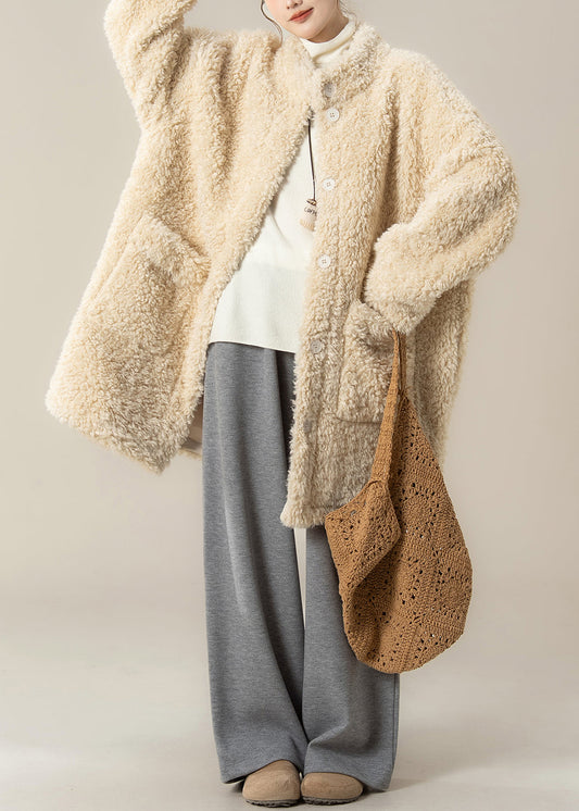 Apricot Stand Collar Pockets Teddy Coat Winter