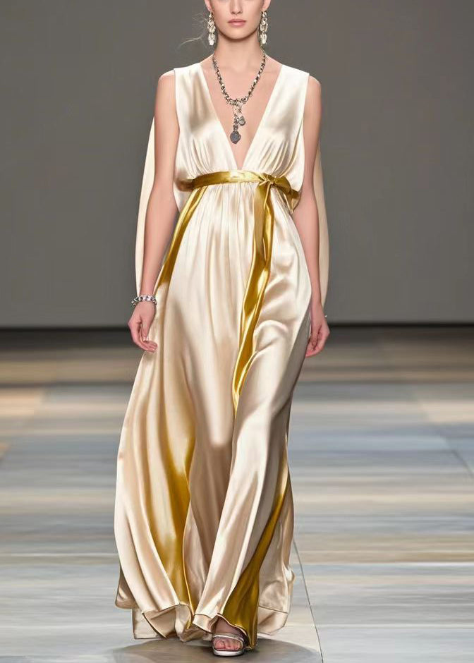 French Champagne Cinched Side Open Silk Party Dress Sleeveless