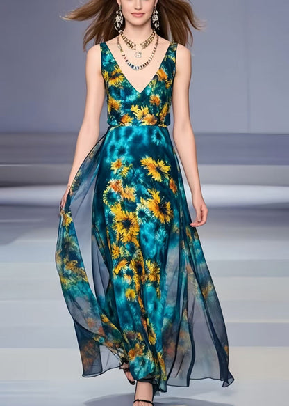 Peacock Blue Chrysanthemum Print Chiffon Dress Summer