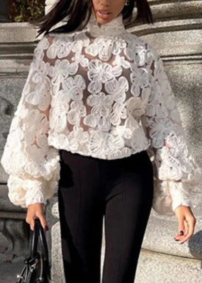 White Notched Lace Top Lantern Sleeve