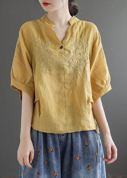 Chocolate V Neck Embroidered Wrinkled Linen Blouse Top Lantern Sleeve