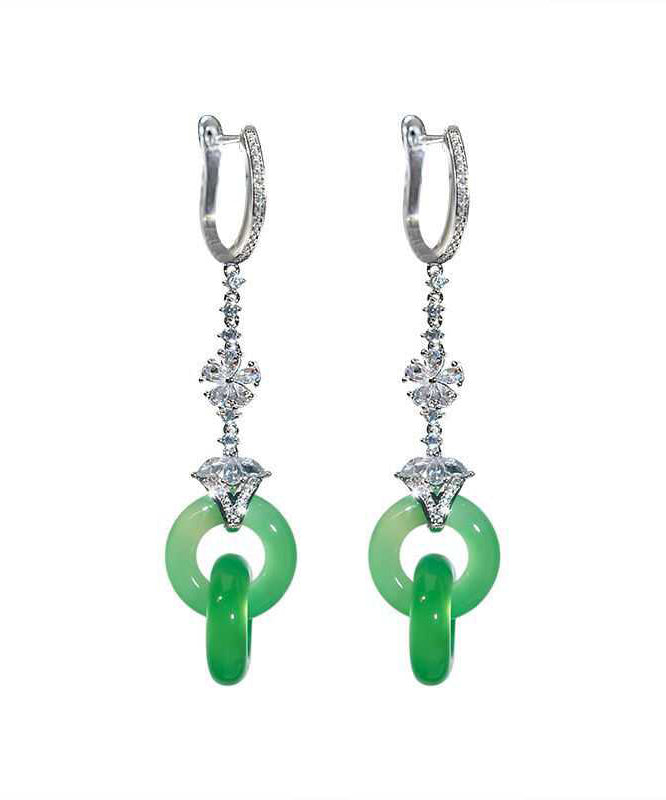 Green Sterling Silver Zircon Jade Ping Buckle Tassel Drop Earrings