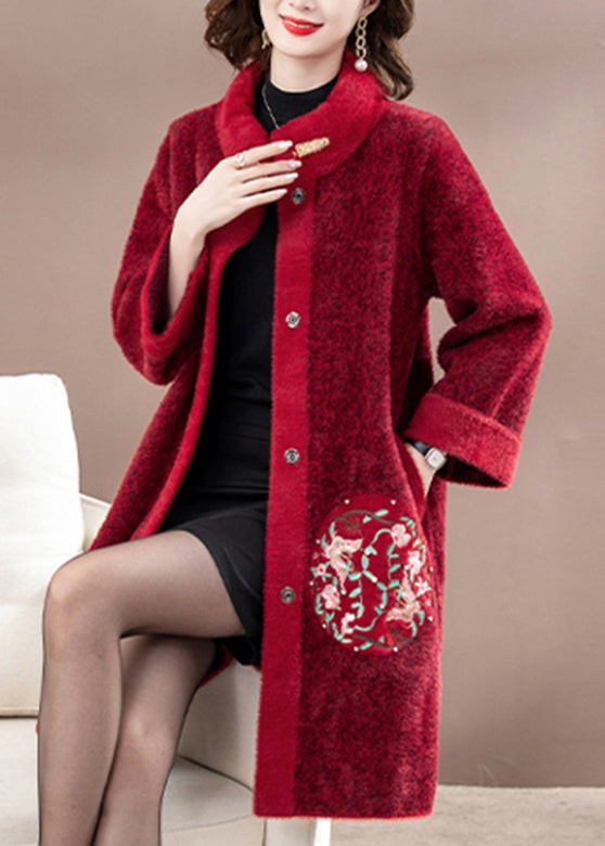 Mulberry Embroidered Long Mink Velvet Woolen Coats Spring