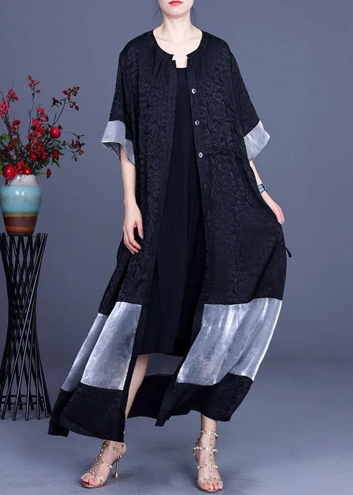 Black Jacquard Patchwork Silk Cardigans Long