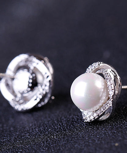 White Sterling Silver Inlaid Zircon Jade Stud Earrings
