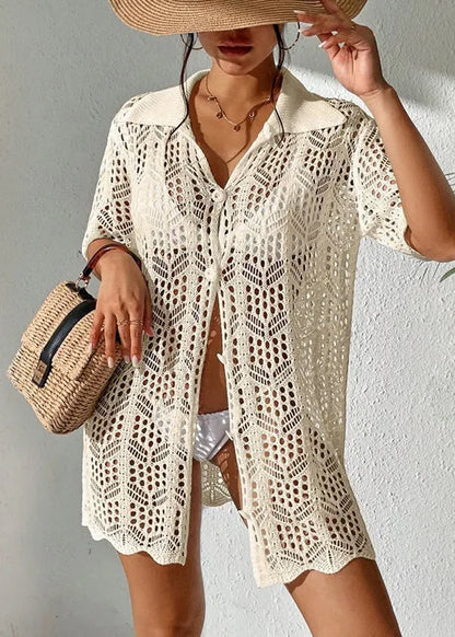 Apricot Hollow Out Knit Beach Bikini Swimsuit Cover Up