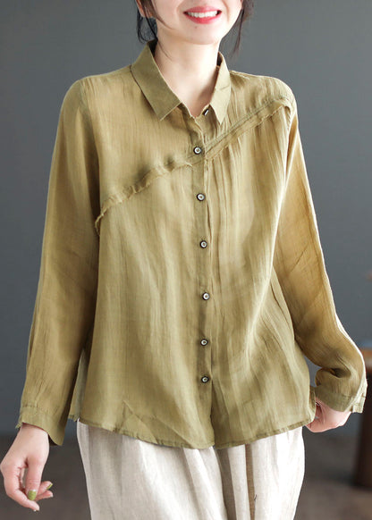 Green Peter Pan Collar Patchwork Linen Blouses Long Sleeve