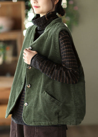 Green Stand Collar Fine Cotton Filled Corduroy Vest Winter