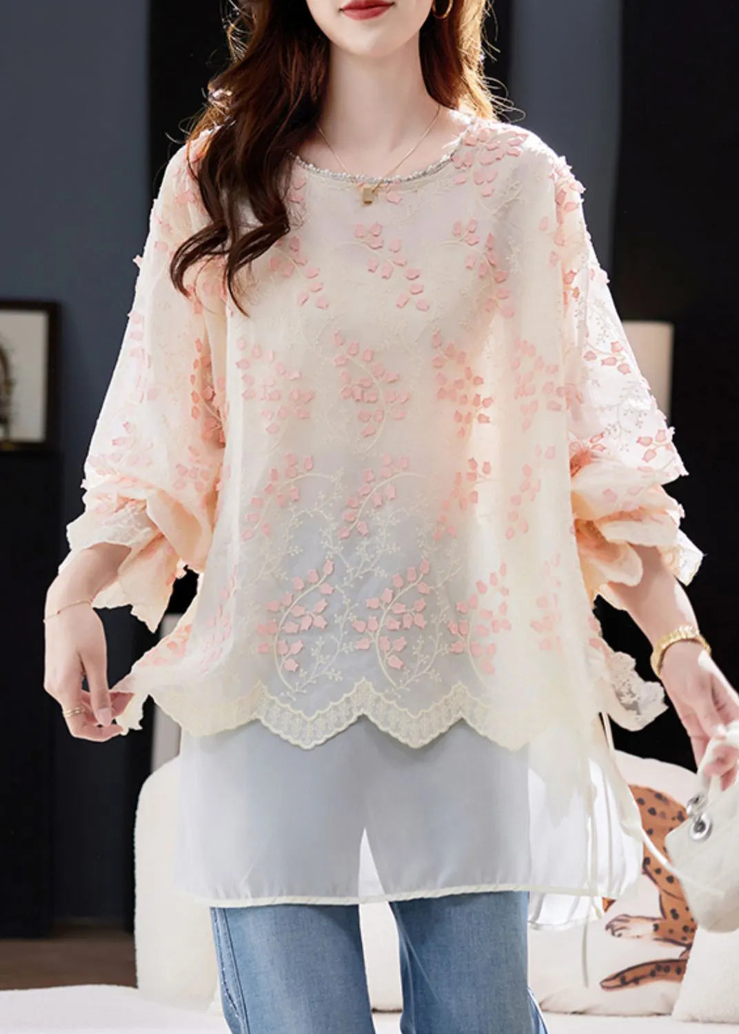 Fitted Pink O Neck Embroidered Patchwork Chiffon Tops Spring