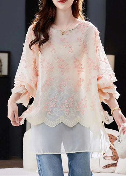 Fitted Pink O Neck Embroidered Patchwork Chiffon Tops Spring
