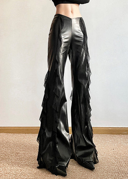 Original Black Tulle Ruffled Patchwork Faux Leather Flared Trousers Summer