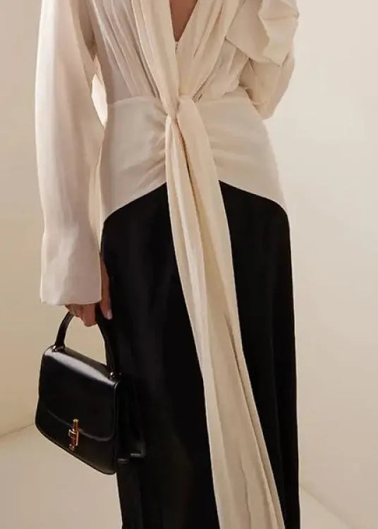European and American Color Blocked V-neck Long Sleeved Dress