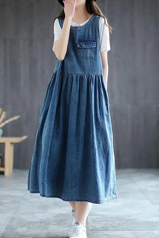 Denim Pleated Long Sleeveless Pinafore Dress