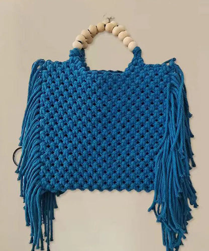 Blue Tasseled Hollow Out Knit Tote Handbag