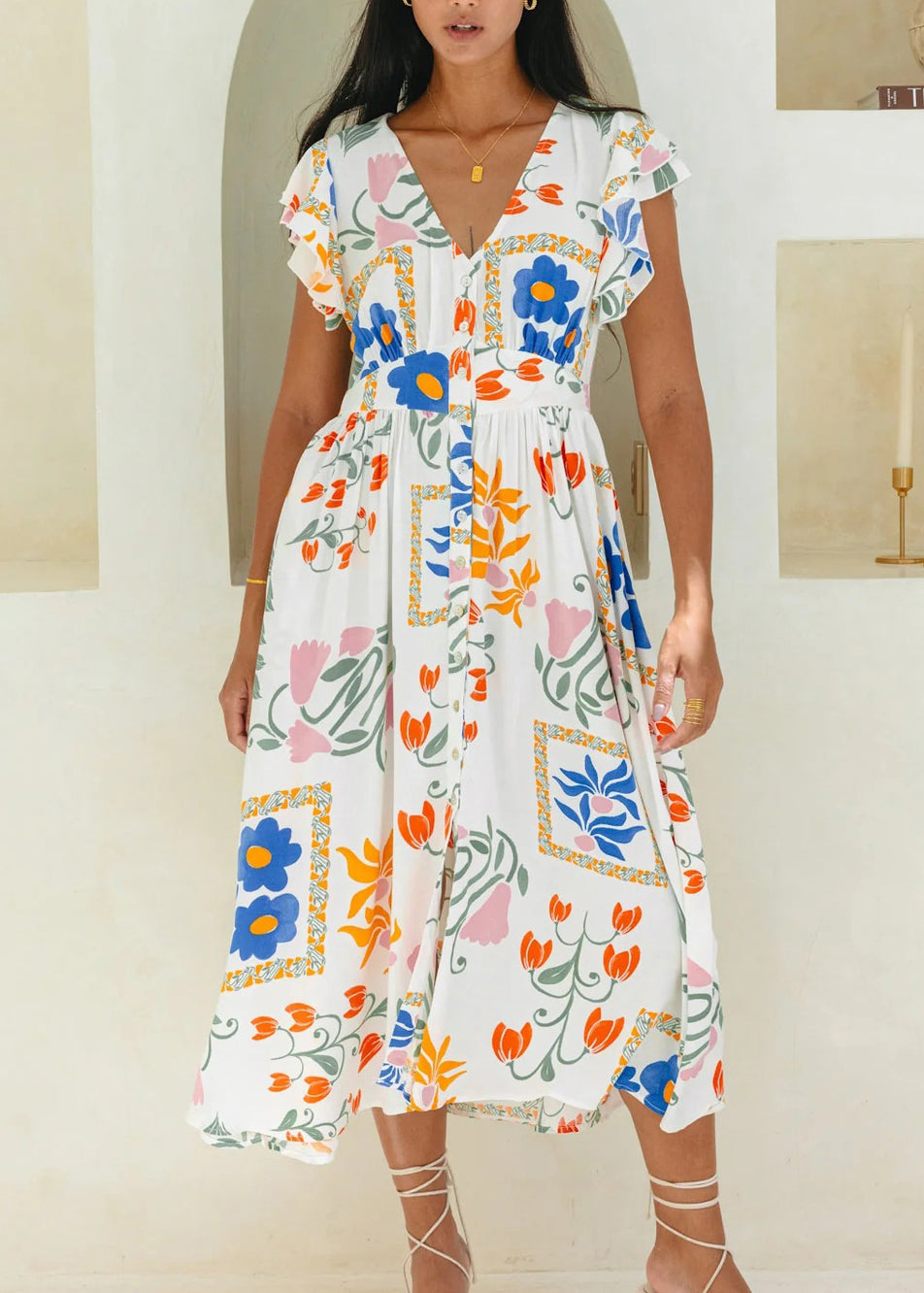 White V Neck Print Cotton Dress Butterfly Sleeve