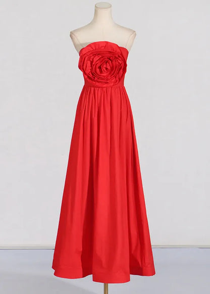 French Red Cold Shoulder Patchwork Rose Holiday Maxi Dress Summer