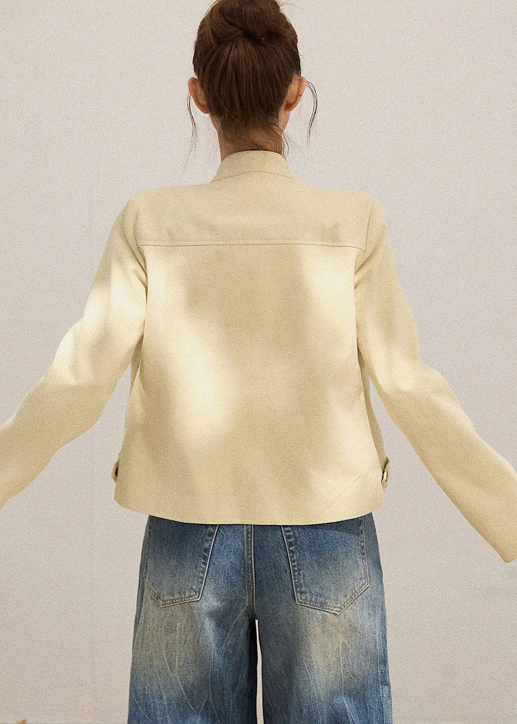 Modern Beige Zippered Wrinkled Cotton Jacket Fall