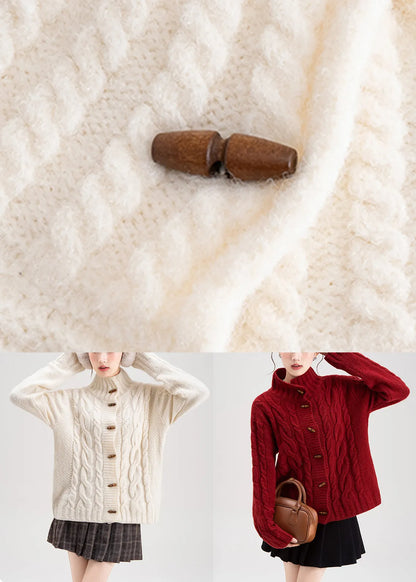 Red Stand Collar Button Cable Knit Coat Winter
