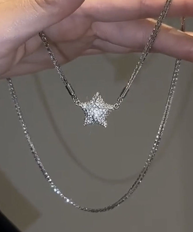 Silk Sterling Silver Zircon Five-pointed Star Pendant Necklace