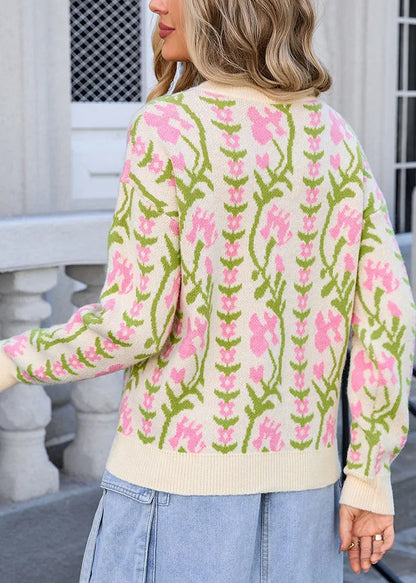 Apricot O Neck Jacquard Thick Knit Sweaters Winter