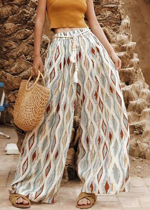 Plaid Print Elastic Waist Cotton Wide Leg Pants Summer