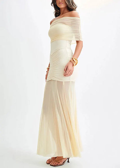 French White Wrinkled Patchwork Tulle Strapless Long Dresses Summer