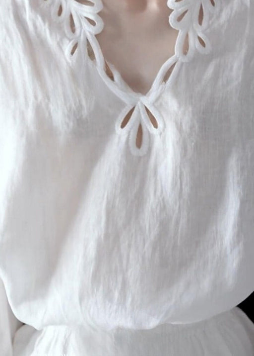 Art White Hollow Out Cotton Blouse Top Fall