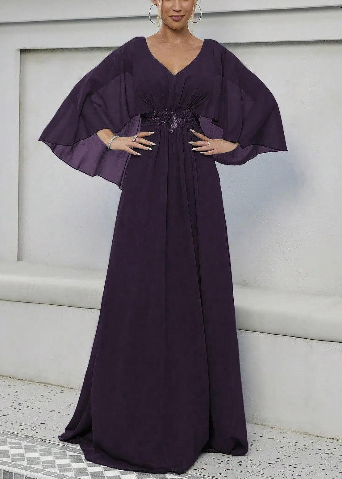 Dark Purple Sequins High Waist Maxi Dress Batwing Sleeve