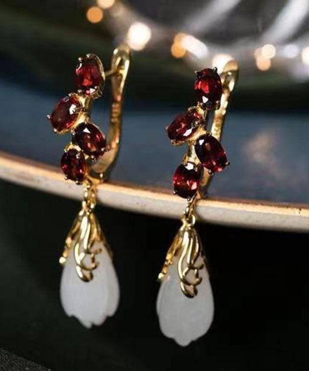 Mulberry Stainless Steel Glass Inlaid Jade Garnet Drop Earrings