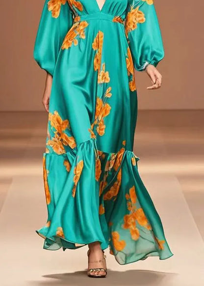 Peacock Green V Neck Print Silk Dresses Fall