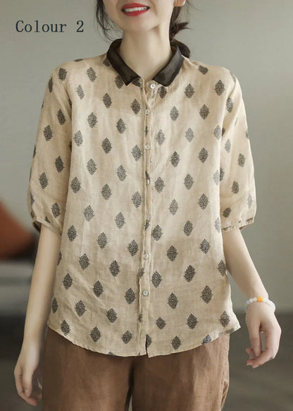 Colour 1 Peter Pan Collar Print Button Linen Shirt Half Sleeve