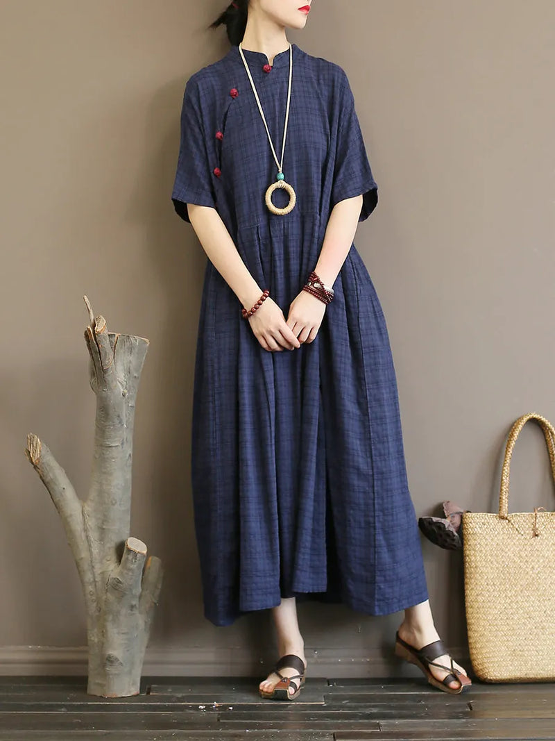 Pleated Plaid Chinese Style Dress