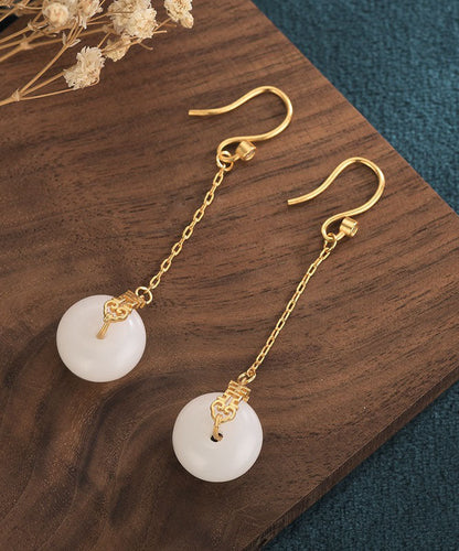 White Sterling Silver Ancient Gold Jade Zircon Ping Buckle Drop Earrings