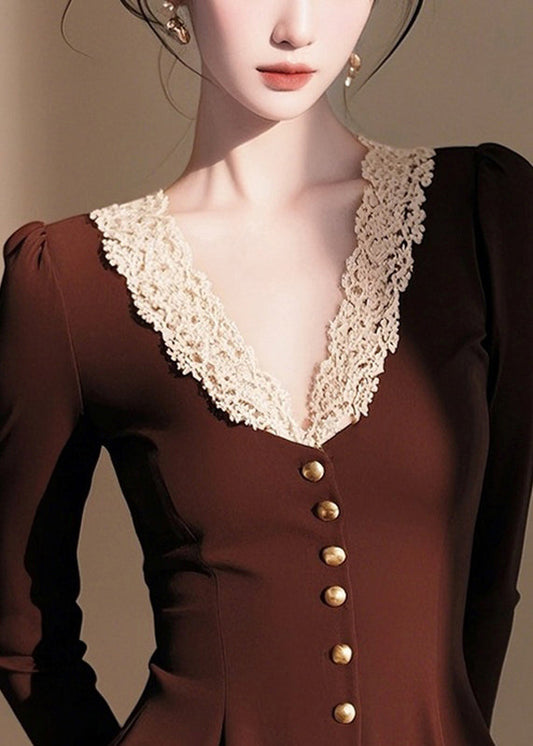 Coffee V Neck Lace Patchwork Cotton Knit Sweater Spring