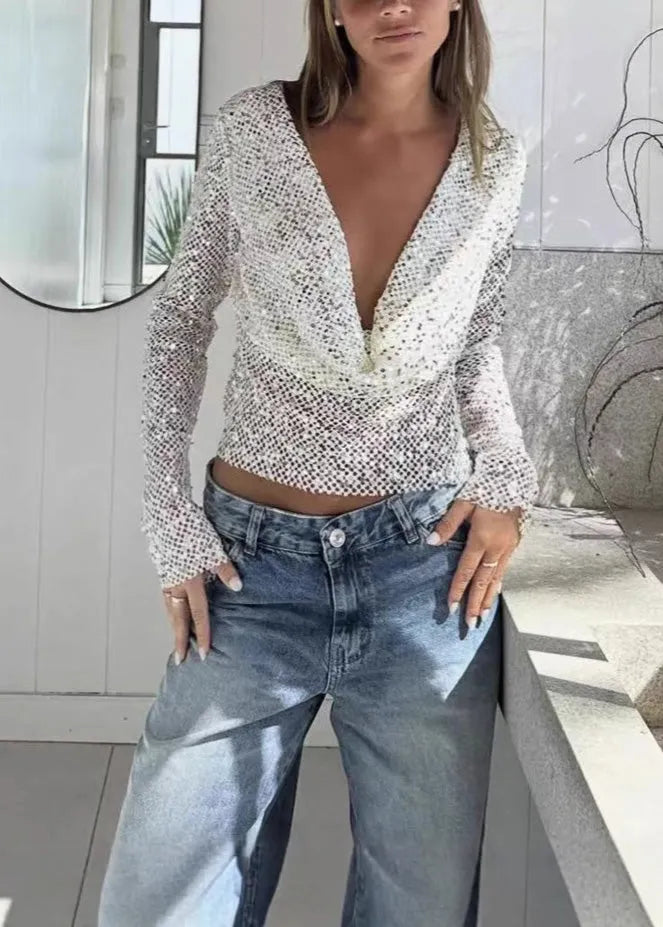 Khaki Pearl Fishing Net Two Ways to Wear Long Sleeved Top