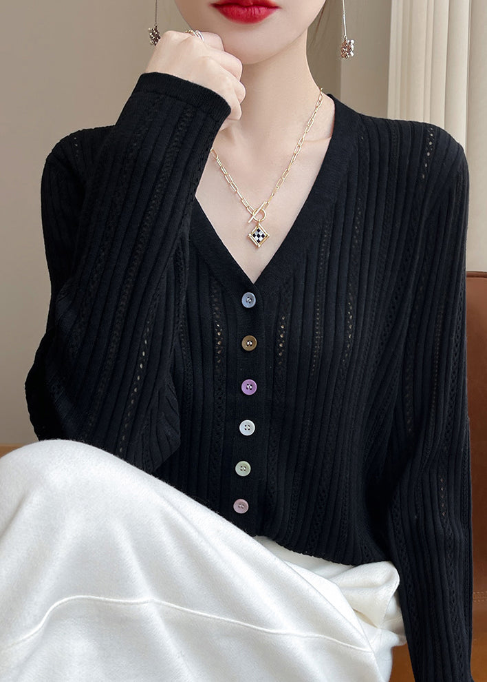 Grey V Neck Button Hollow Out Knit Top Fall