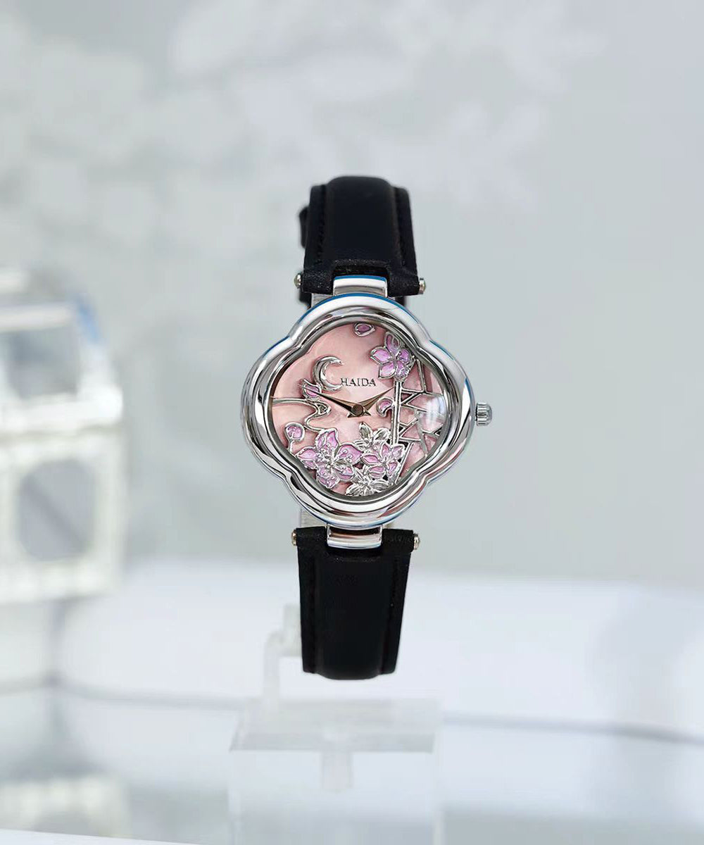 Black Metal Leather Hardlex Crystal Watches