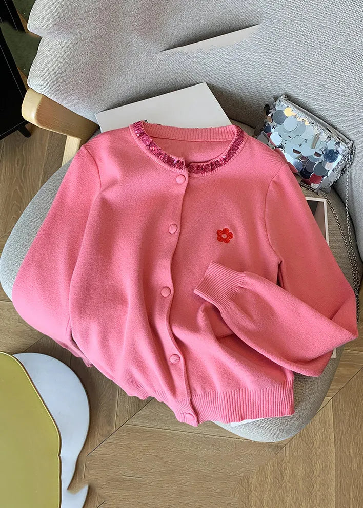 Pink Embroidered Sequins Cotton Knit Cardigans Fall