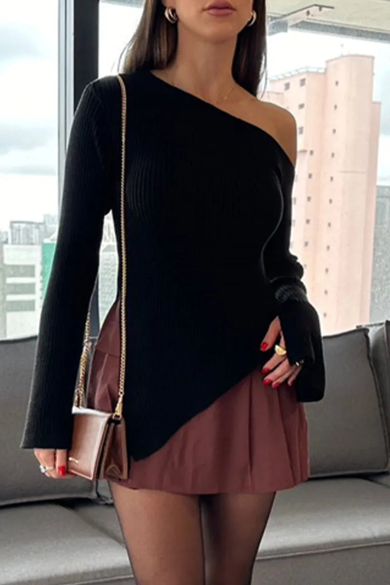 Color Slit Irregular Oblique Collar Sweaters