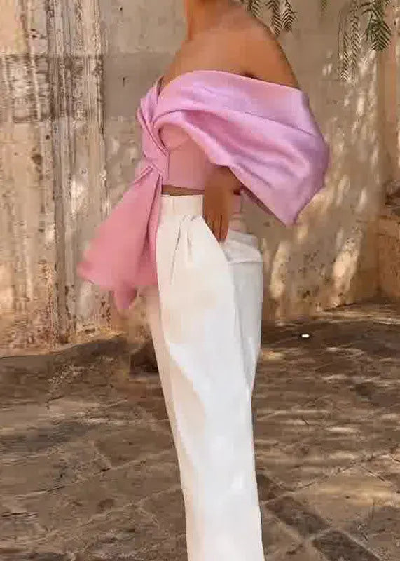 Stylish Pink Cold Shoulder Asymmetrical Silk Top Summer
