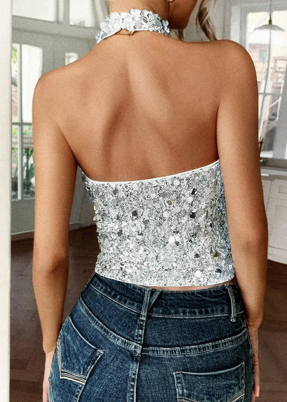 Silver Halter Backless Sequins Top Sleeveless