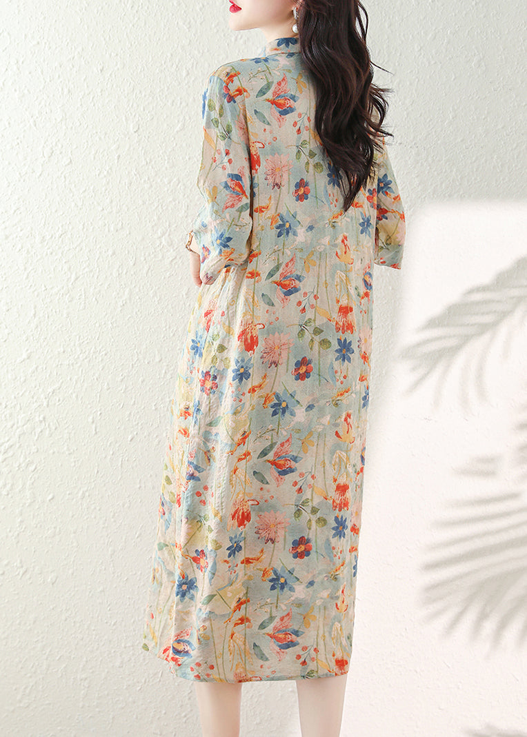 Stand Collar Print Chinese Button Cotton Dress Summer