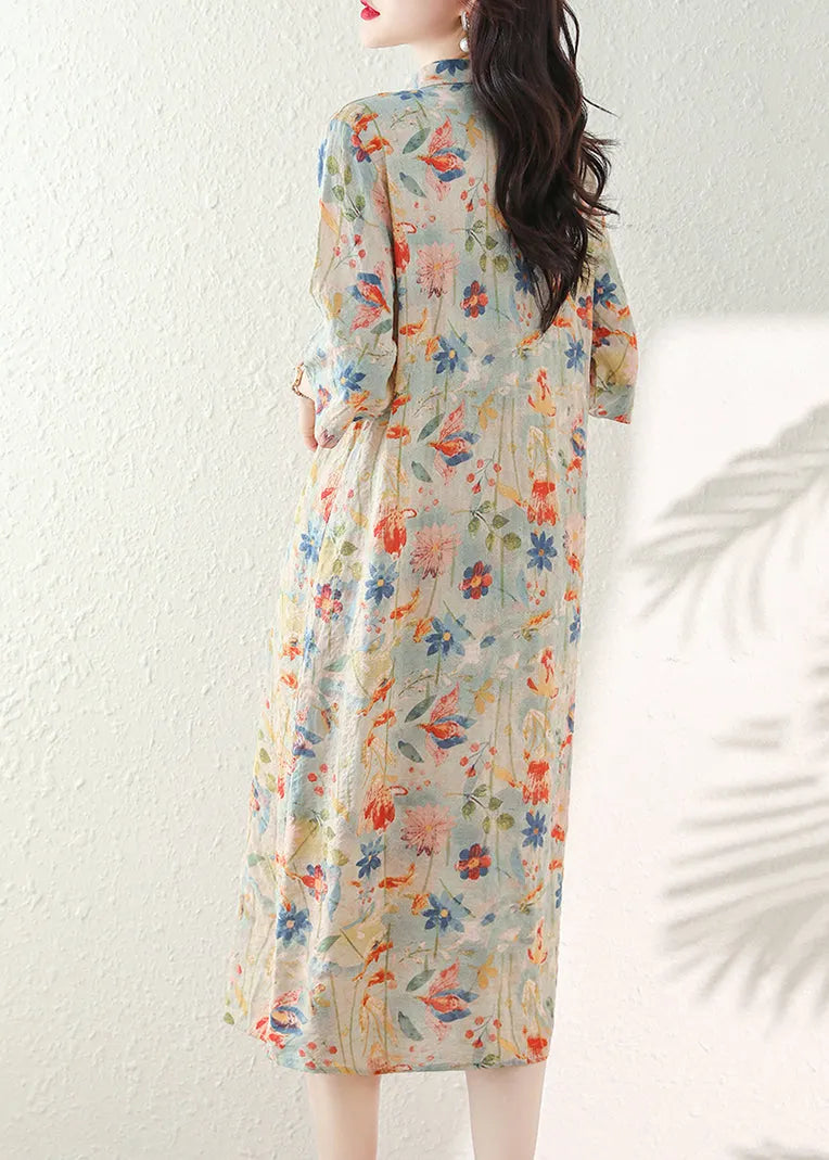 Stand Collar Print Chinese Button Cotton Dress Summer