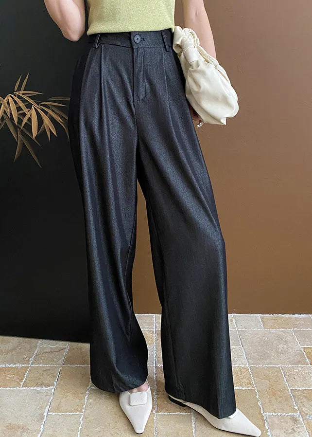 Black Pockets Cotton Wide Leg Pants Summer