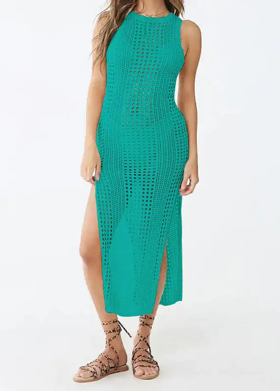 New Apricot O Neck Hollow Out Side Open Knit Dress Sleeveless