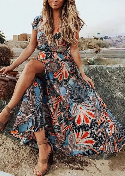 Red V Neck Print Side Open Cotton Long Dress Summer
