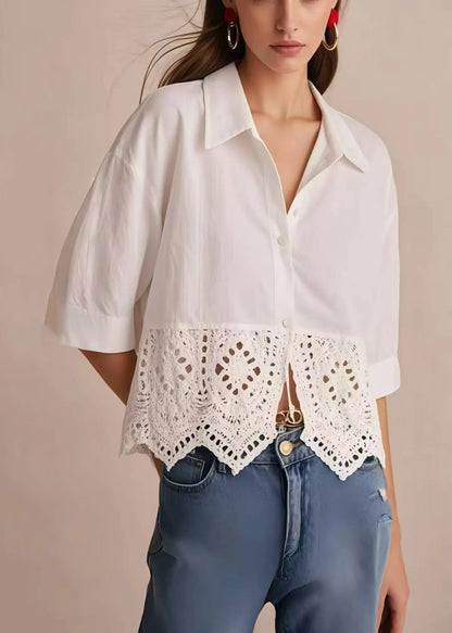 Style White Peter Pan Collar Patchwork Lace Tops Half Sleeve