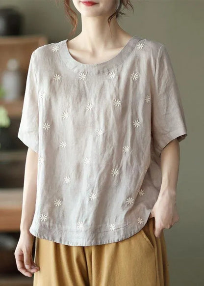 Unique White Flowers and Birds O-neck Embroidered Summer Ramie Shirt Half Sleeve
